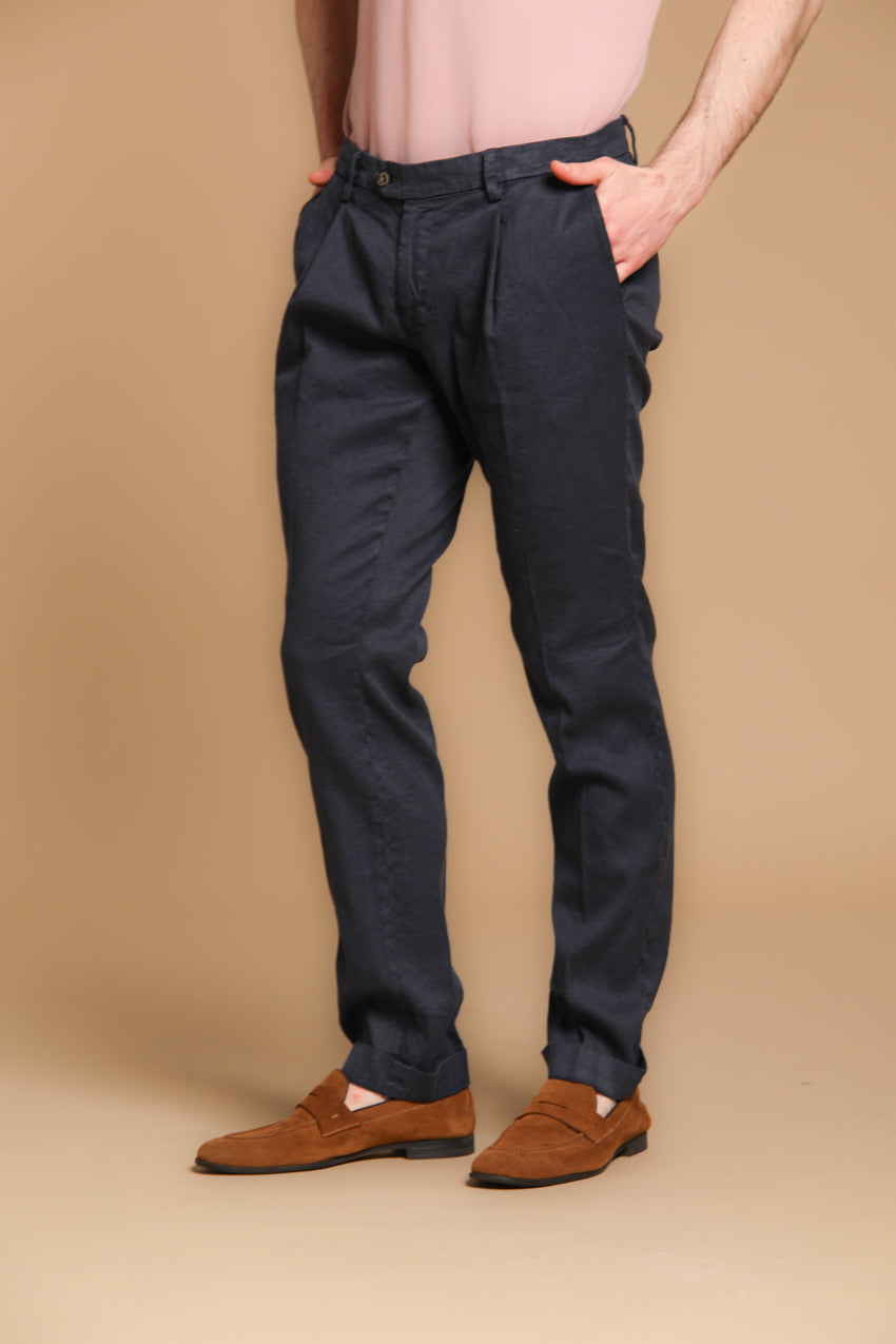 New York Time 1 Pinces pantalone chino uomo in twill di lino e cotone regular fit