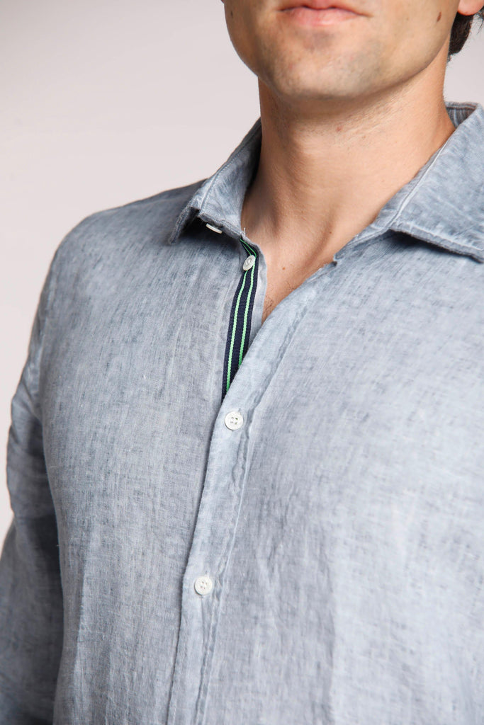 Torino camicia da uomo a manica lunga in lino con nastrini