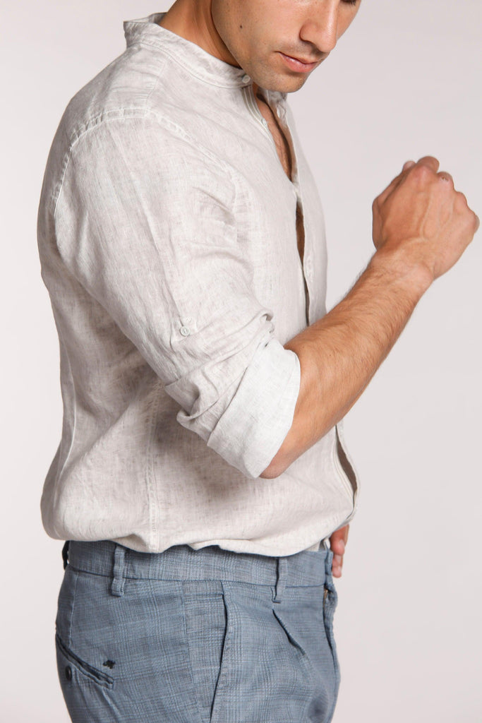 Porto camicia uomo con collo coreana in lino con nastrini "tinto freddo"
