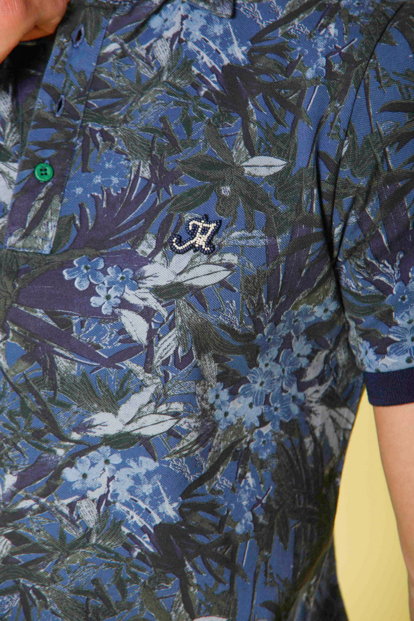 image 2 of men's polo in piquet with green flower pattern print model in blue royal regular fit by mason's