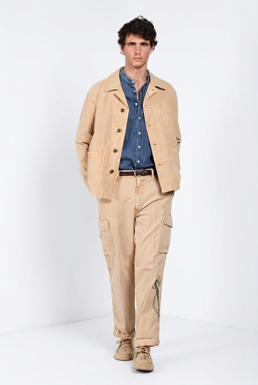 Pantalone cargo uomo Chile M74 Mason's kaki in panama fiammata relaxed fit - vista laterale SS26