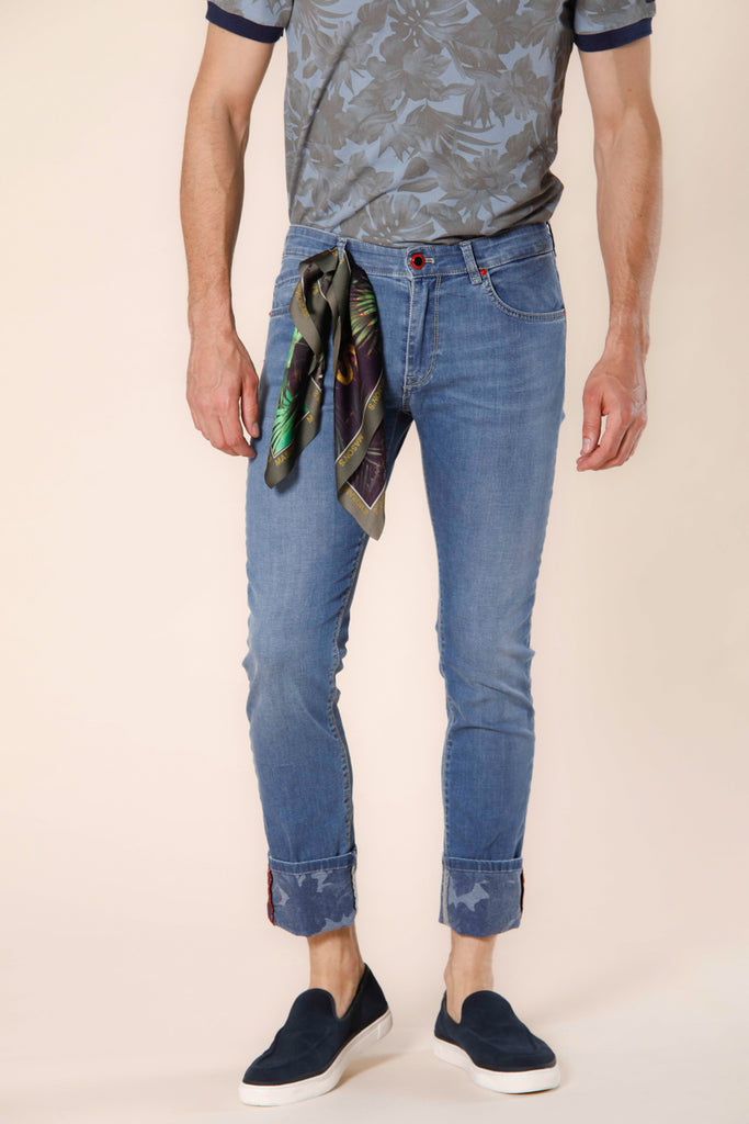 Harris 5 tasche pantalone uomo in denim stretch con pattern fiori hawaii slim