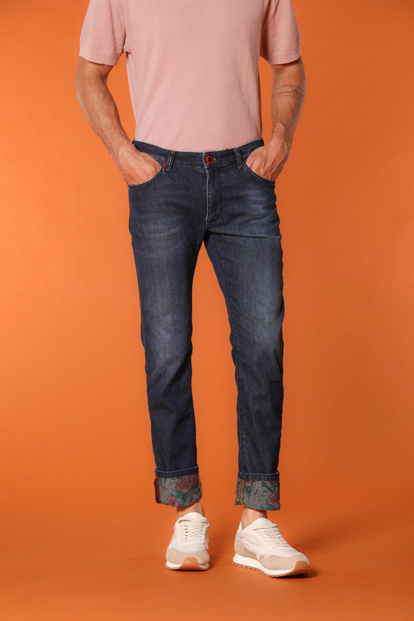 Harris 5-Pocket men's denim pants with floral print lining and slim fit
