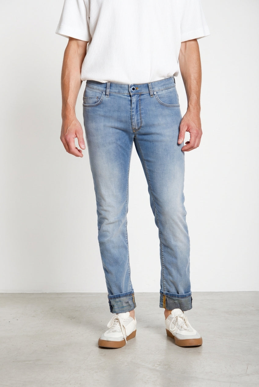 Harris Hose 5-Pocket Herren aus Denim helle Waschung Hawaii-Print slim fit