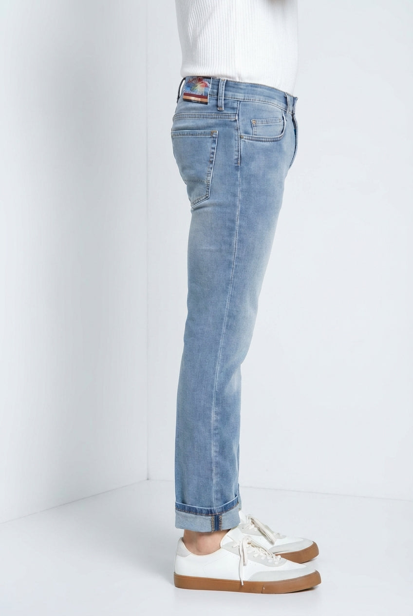 Harris Hose 5-Pocket Herren aus Denim helle Waschung Hawaii-Print slim fit