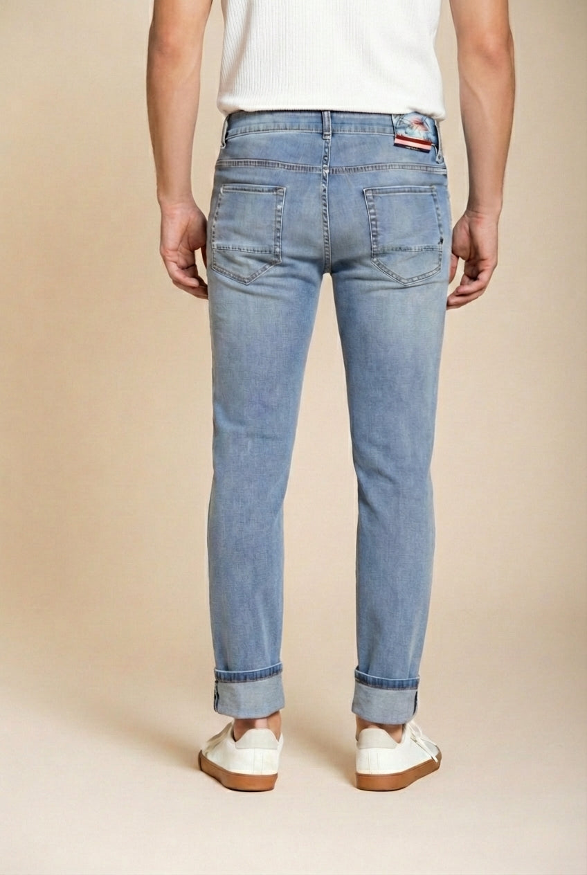 Harris pantalon 5 poches homme en denim délavage clair imprimé Hawaï slim fit