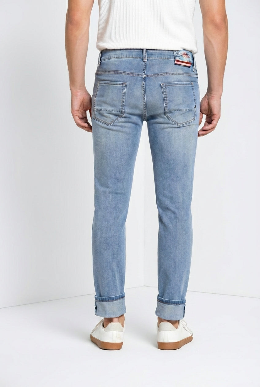 Harris pantalone 5 tasche uomo in denim lavaggio chiaro stampa Hawaii slim fit