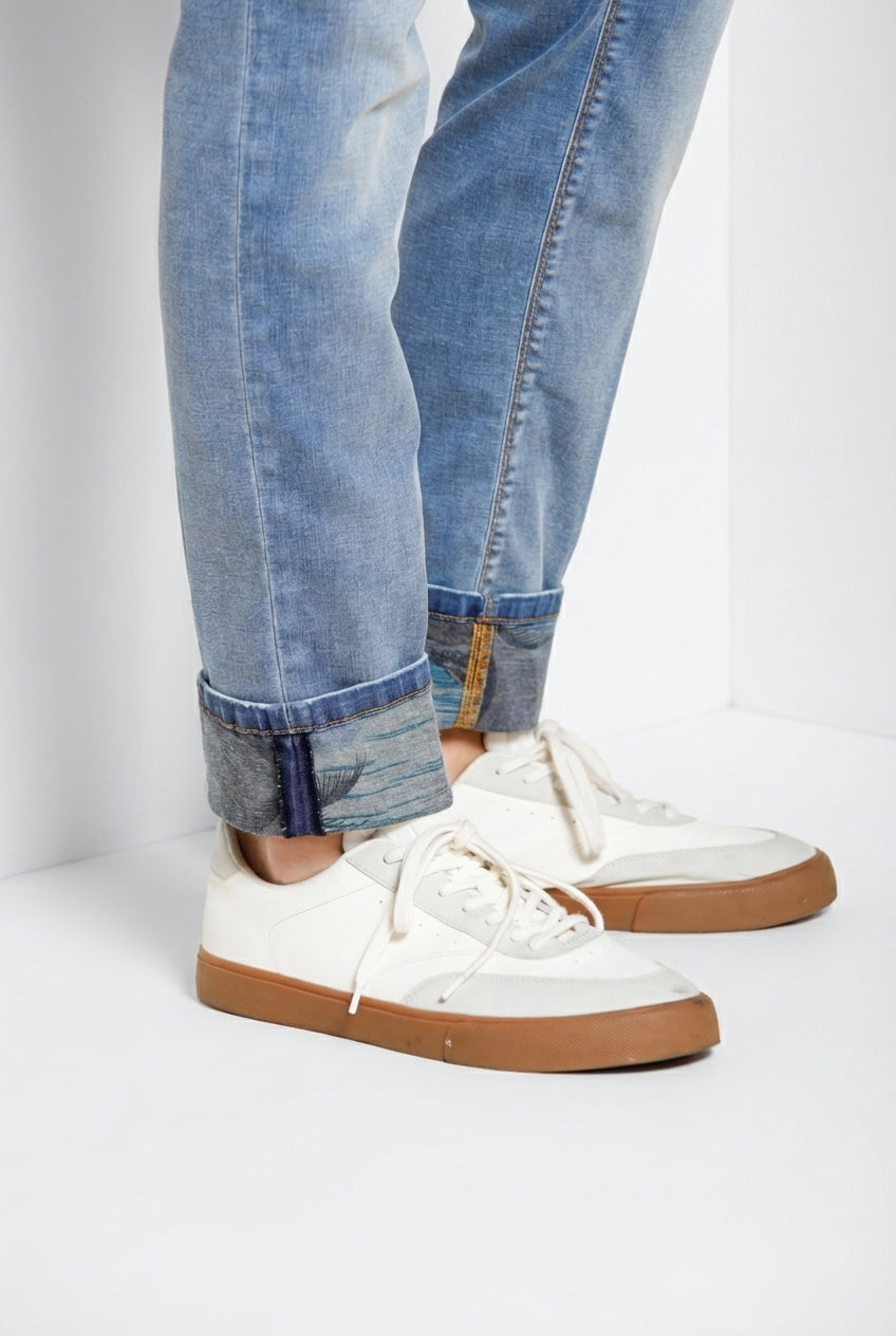 Harris pantalone 5 tasche uomo in denim lavaggio chiaro stampa Hawaii slim fit