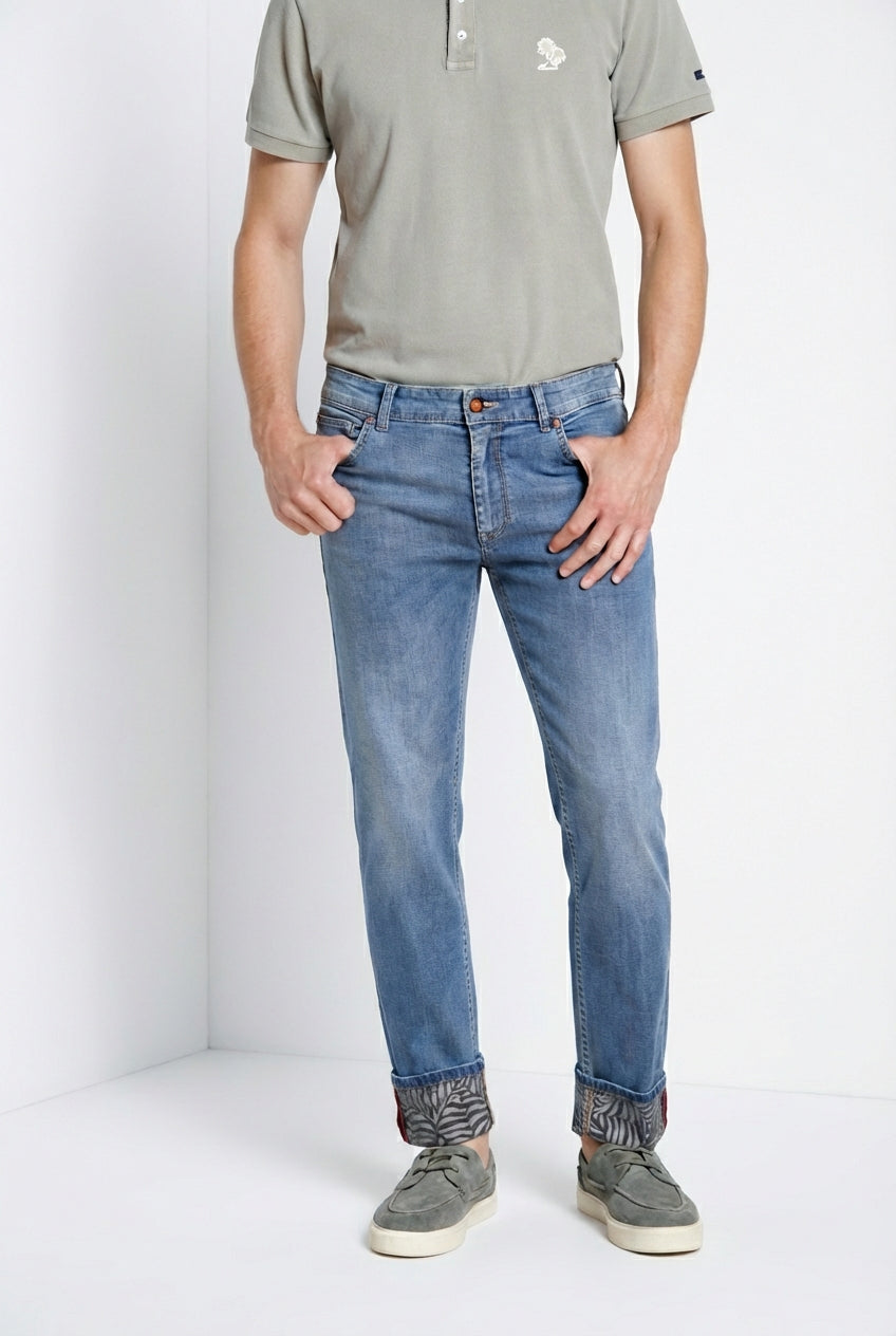 Harris pantalón 5 bolsillos hombre en denim con estampado de hojas regular fit