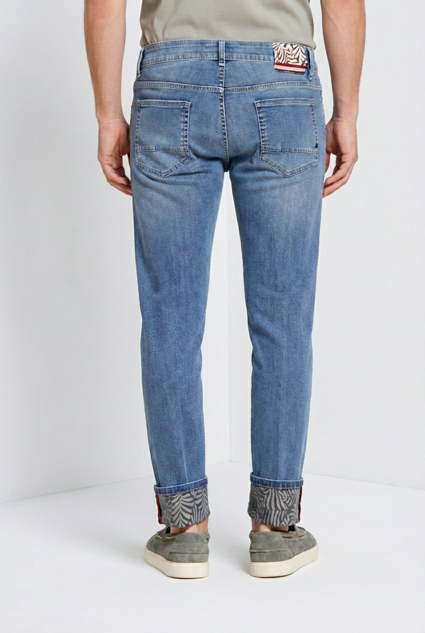 Harris pantalón 5 bolsillos hombre en denim con estampado de hojas regular fit