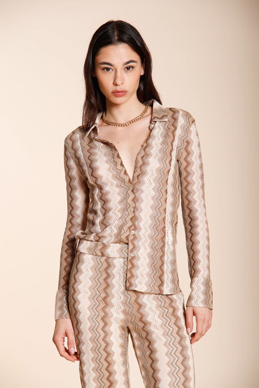 Elaisa Hemd Damen langarm aus Strick Fischgratmuster Lurex