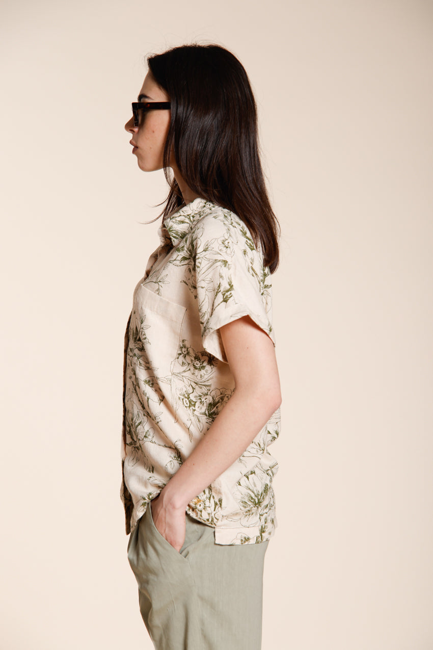 Livia camicia donna a manica corta in tela misto lino e viscosa fantasia a fiori