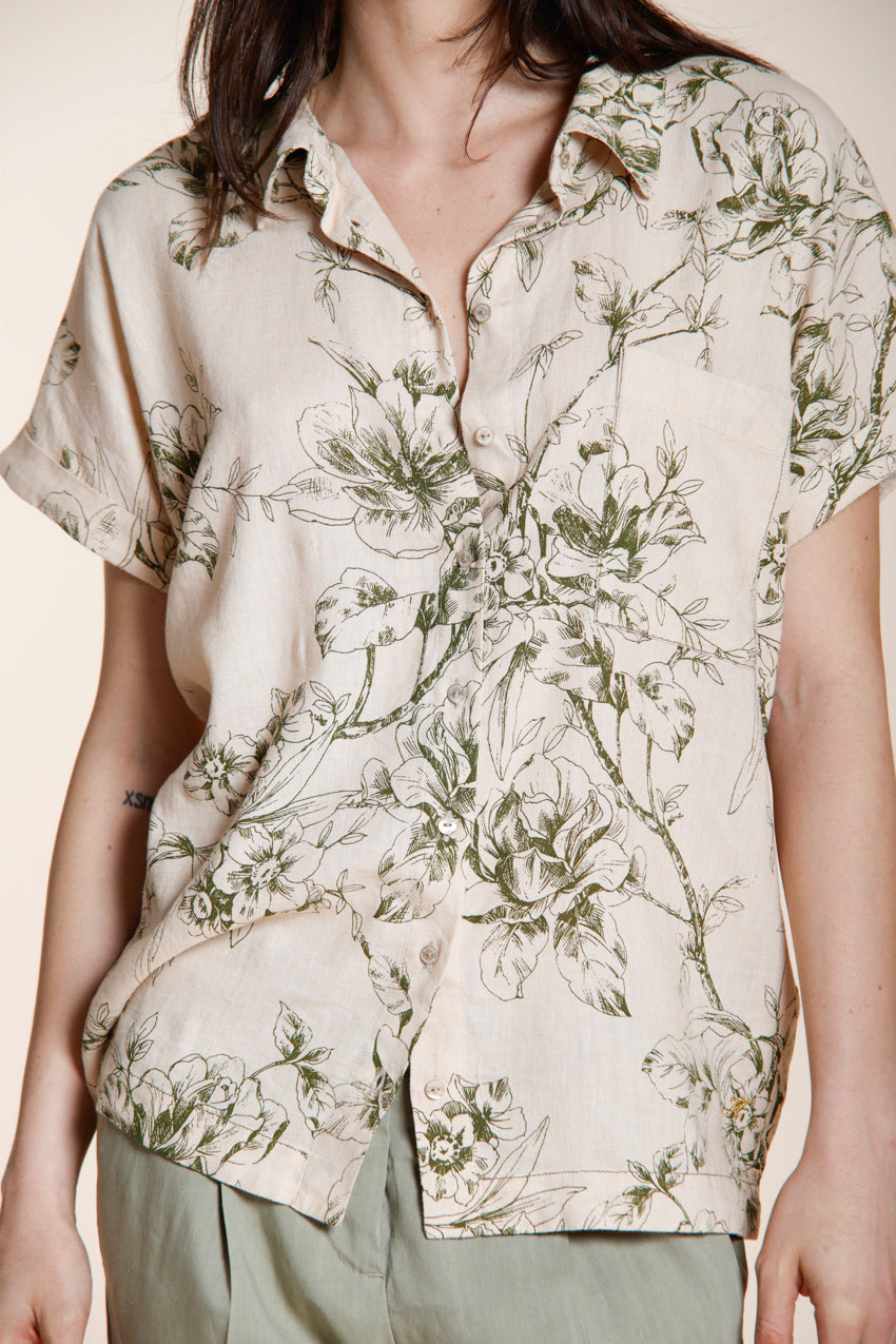 Livia camicia donna a manica corta in tela misto lino e viscosa fantasia a fiori