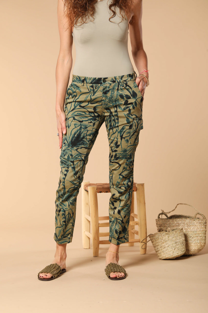 Chile City pantalone cargo donna in raso con stampa a fiori slim fit