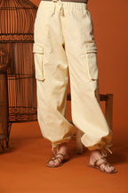 Francis pantalone cargo jogger donna in twill di cotone e lino wide leg