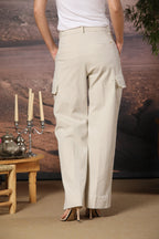 New York Studio pantalone cargo donna in panama fiammata in cotone wide leg