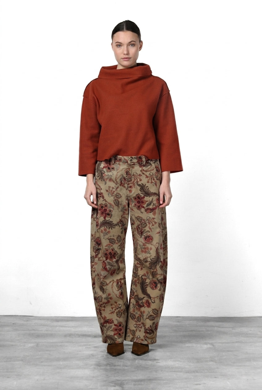Vivienne City Women's Chino Trousers in Bull Fabric with Large Floral Print, Balloon Fit