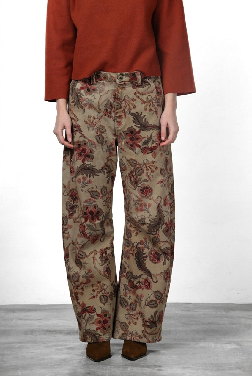 Vivienne City Women's Chino Trousers in Bull Fabric with Large Floral Print, Balloon Fit