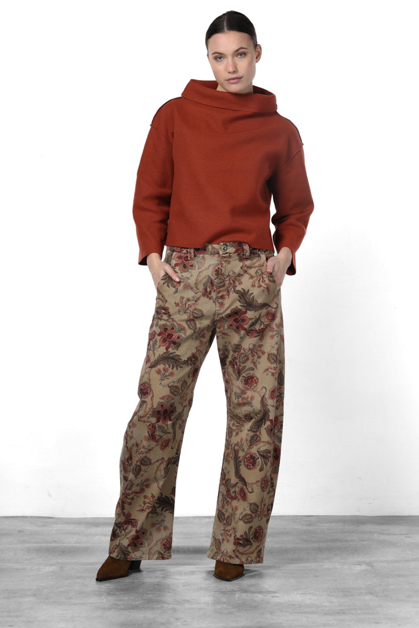 Vivienne City Women's Chino Trousers in Bull Fabric with Large Floral Print, Balloon Fit