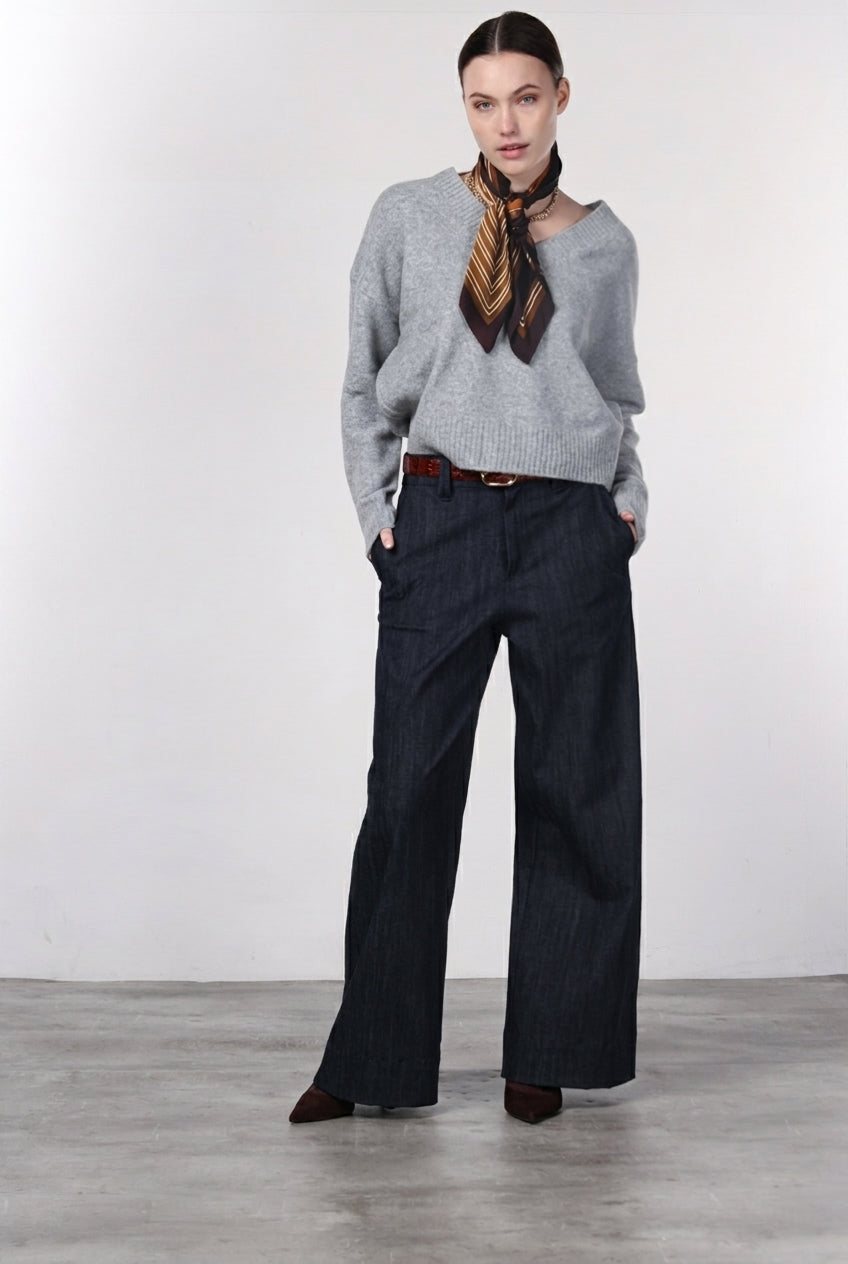 New York Wide pantalone chino 5 tasche donna in denim stretch wide leg