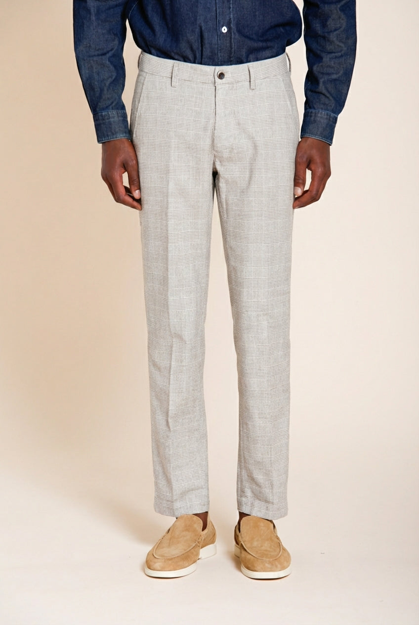 Torino men's chino pants prince of Wales print with dark brown yarn slim fit