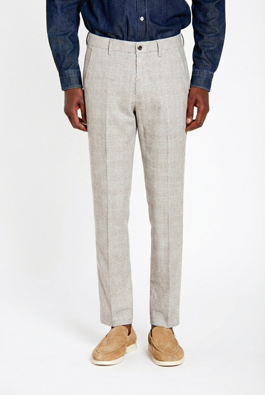Torino men's chino pants prince of Wales print with dark brown yarn slim fit