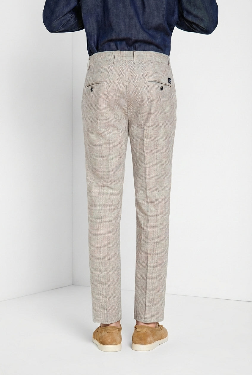Torino men's chino pants prince of Wales print with dark brown yarn slim fit