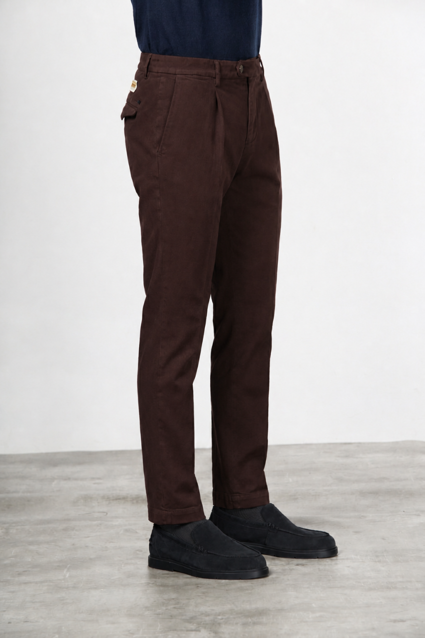 Torino 1 Pinces Flex pantalone chino uomo in twill di cotone e cashmere slim fit