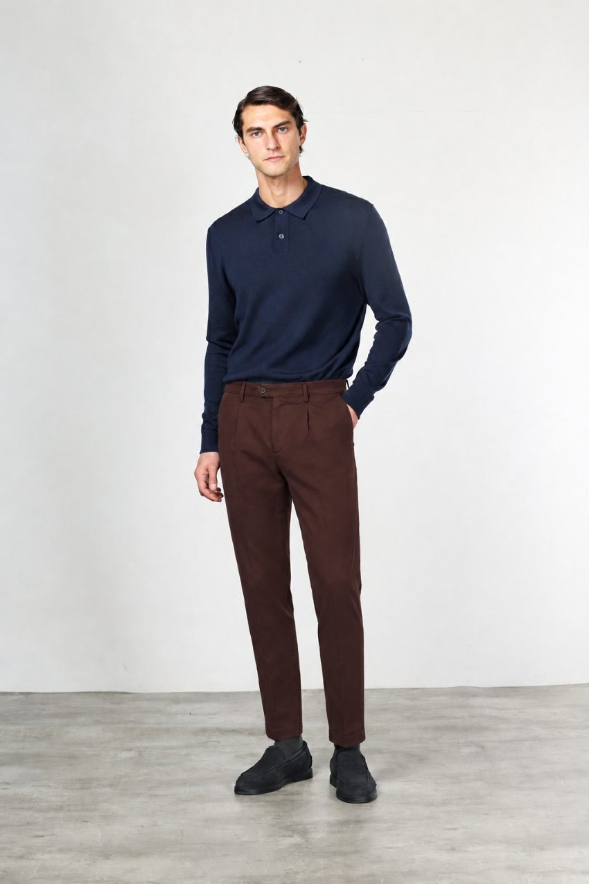 Torino 1 Pinces Flex pantalone chino uomo in twill di cotone e cashmere slim fit