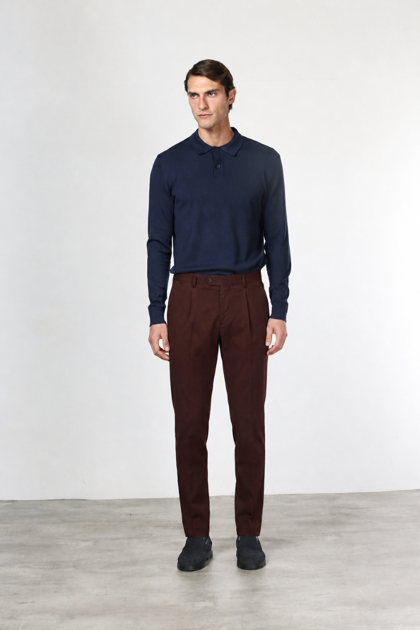 Torino 1 Pinces Flex pantalone chino uomo in twill di cotone e cashmere slim fit