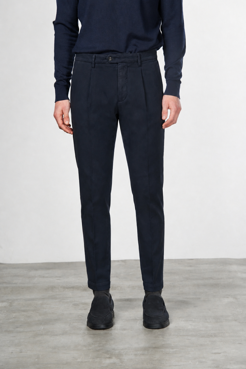 Torino 1 Pinces Flex pantalone chino uomo in twill di cotone e cashmere slim fit