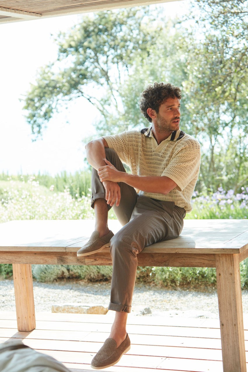 Boston pantalón chino hombre en espiga teñido en hilo stretch relaxed fit