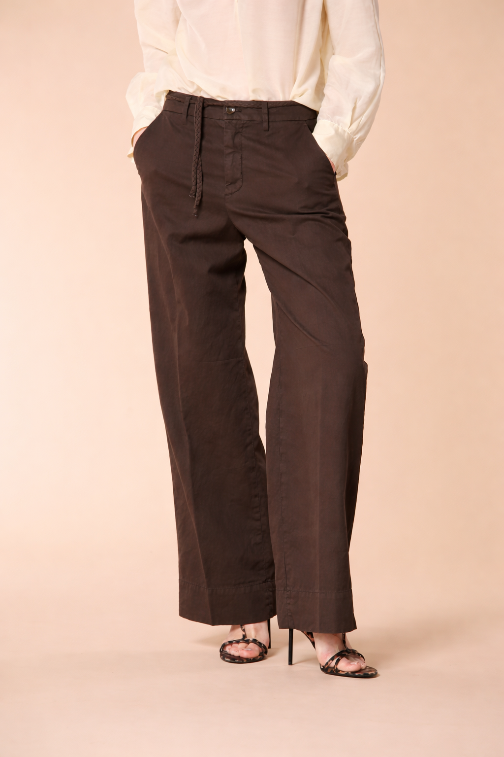 New York Studio pantalone chino donna in twill di cotone e lino wide leg