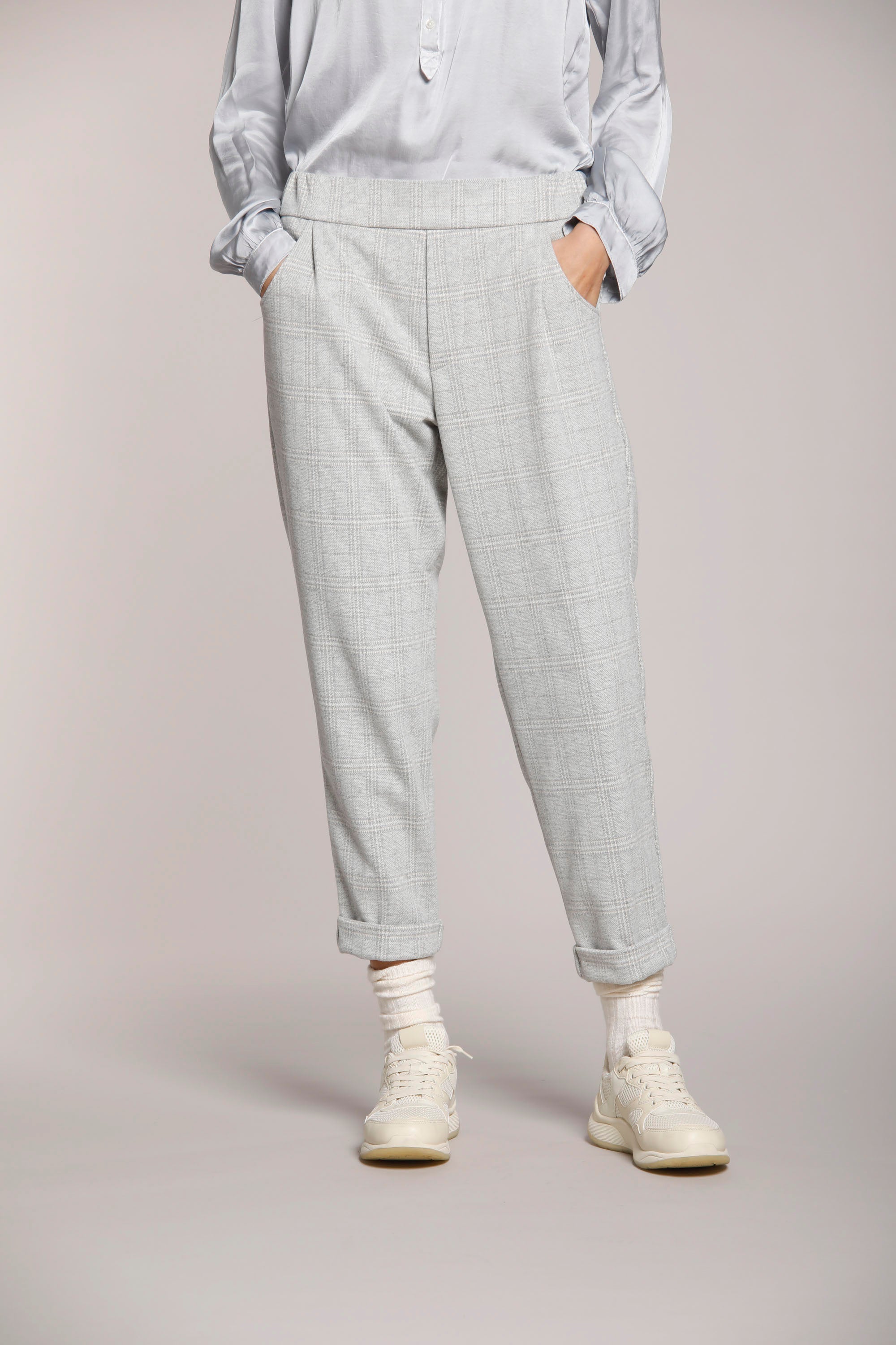 Immagine 1 di pantalone chino donna in jersey, con pattern galles, colore grgio chiaro, modello Easy Jogger di Mason's