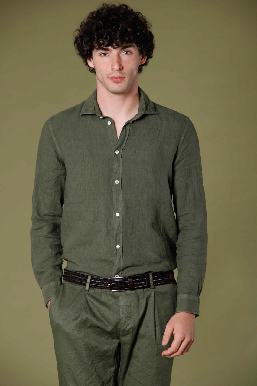 image 1 of men's long sleeve shirt in linen torino model in green regular fit by mason's