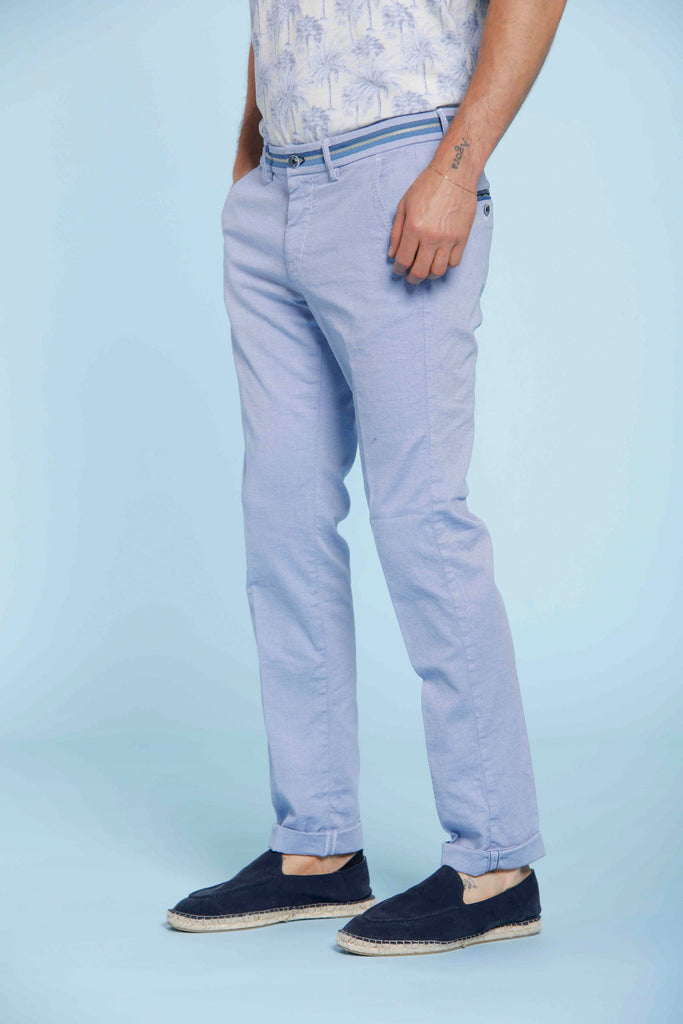 Torino Elegance pantalone chino uomo in damier filo celeste con nastri slim fit